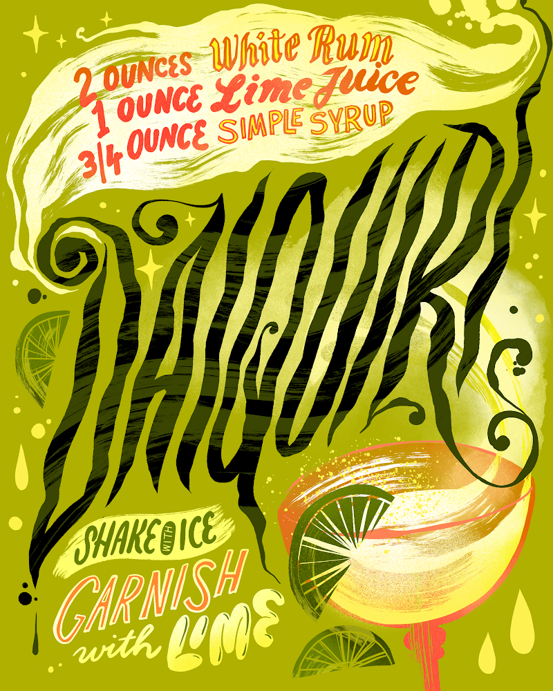 Illustrated and hand lettered recipe for a Daiquiri