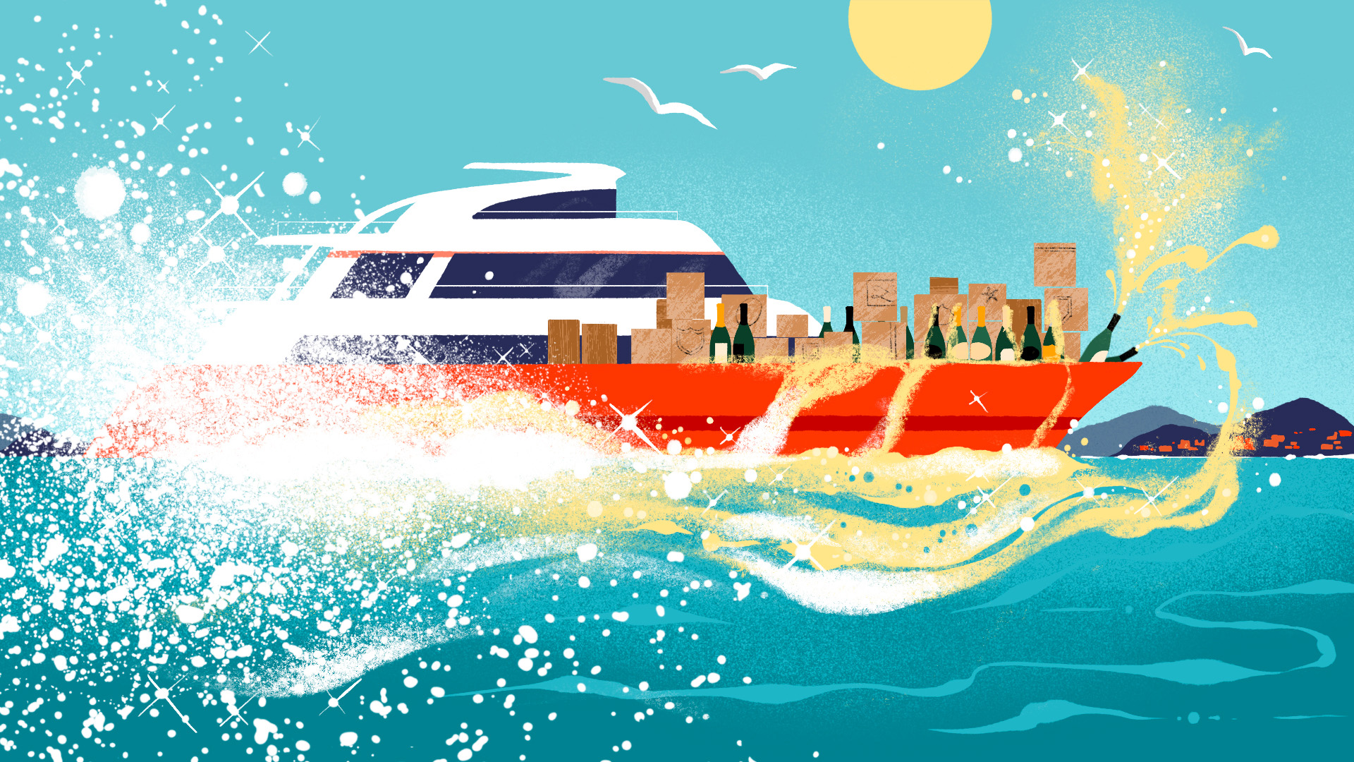 Illustration of a fancy yacht with lots of wine onboard which is overflowing into the ocean