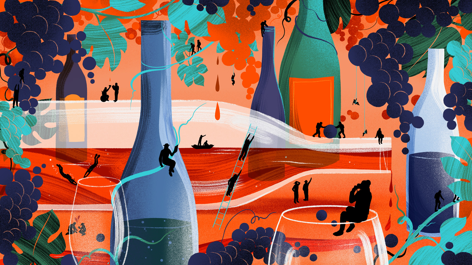 Illustration of a landscape made of wine bottles