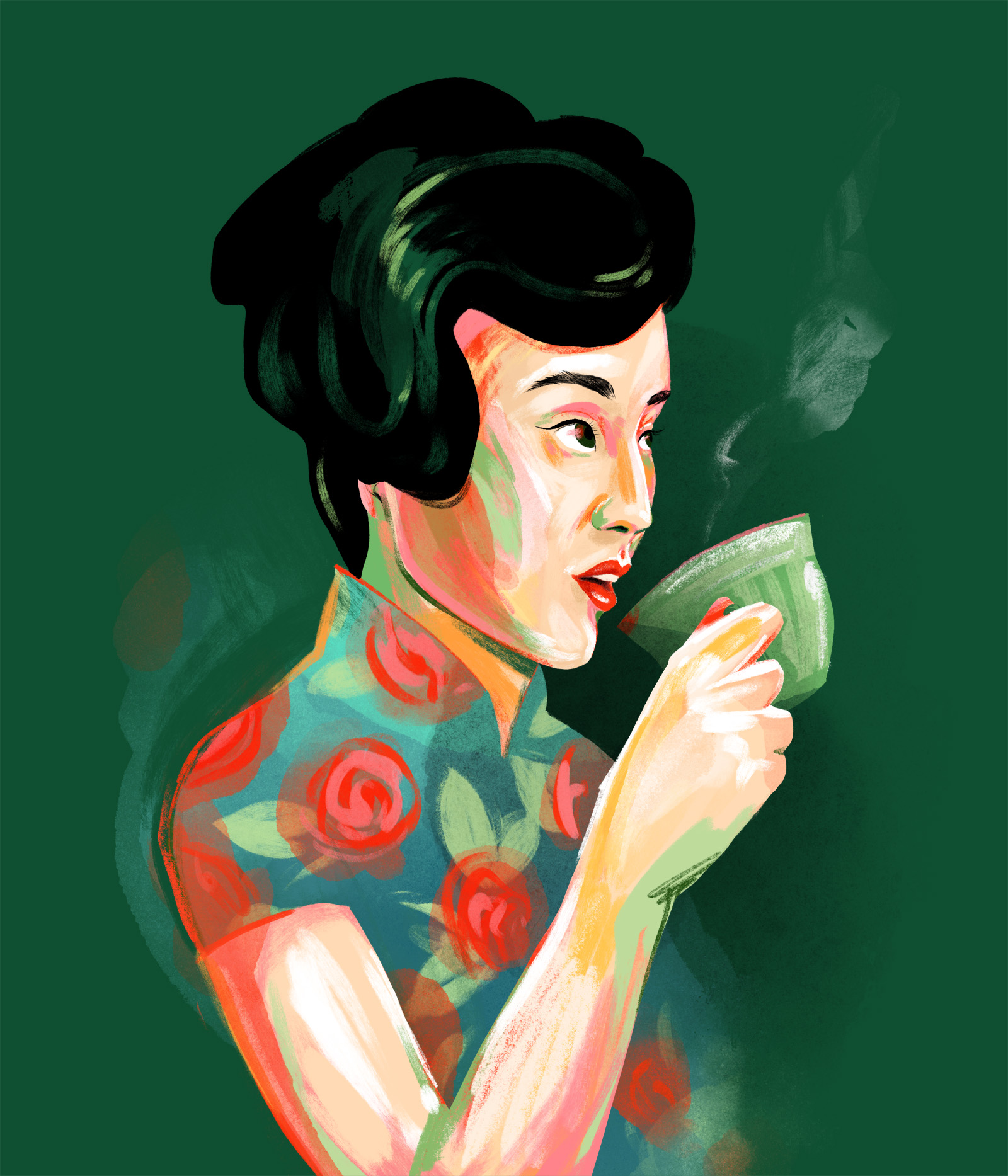 Painted portrait of Maggie Cheung as seen in In The Mood For Love